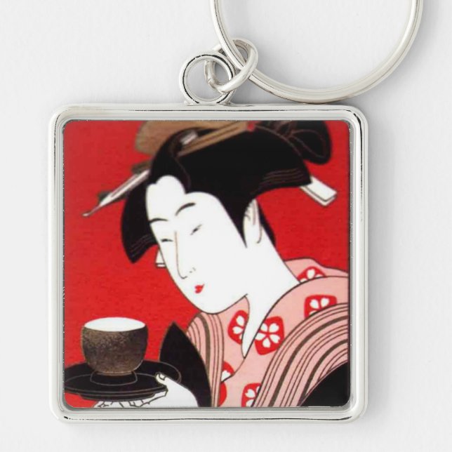 Japanska Dam Tea Sergio Ceremony Art Print Fyrkantig Silverfärgad Nyckelring (Framsidan)