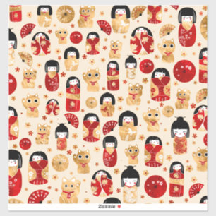 Japanska dockor - Kokeshi och Maneki Neko Cats Klistermärken