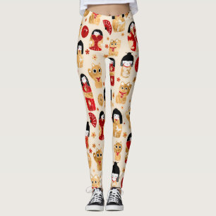 Japanska dockor - Kokeshi och Maneki Neko Cats Leggings