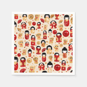 Japanska dockor - Kokeshi och Maneki Neko Cats Pappersservett