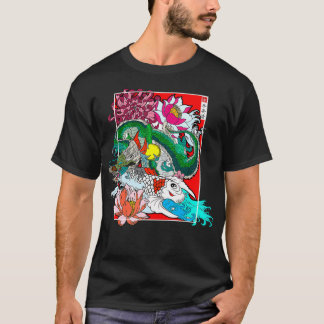 Japanska Dragon Koi Carp Nishikigoi Flowers T Shirt