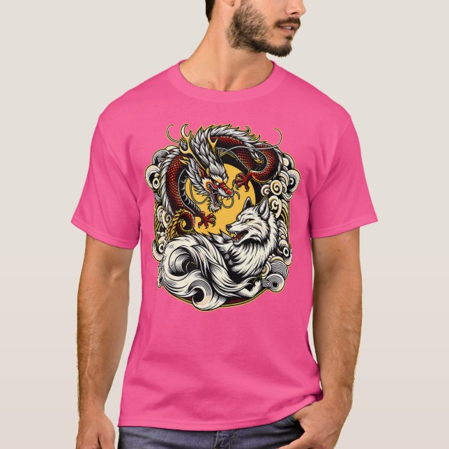 Japanska Dragon Nine-Tails Fox Kitsune T Shirt (Framsida)