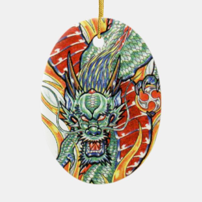 Japanska Dragon och Lotus Flower Julgransprydnad Keramik (Framsidan)