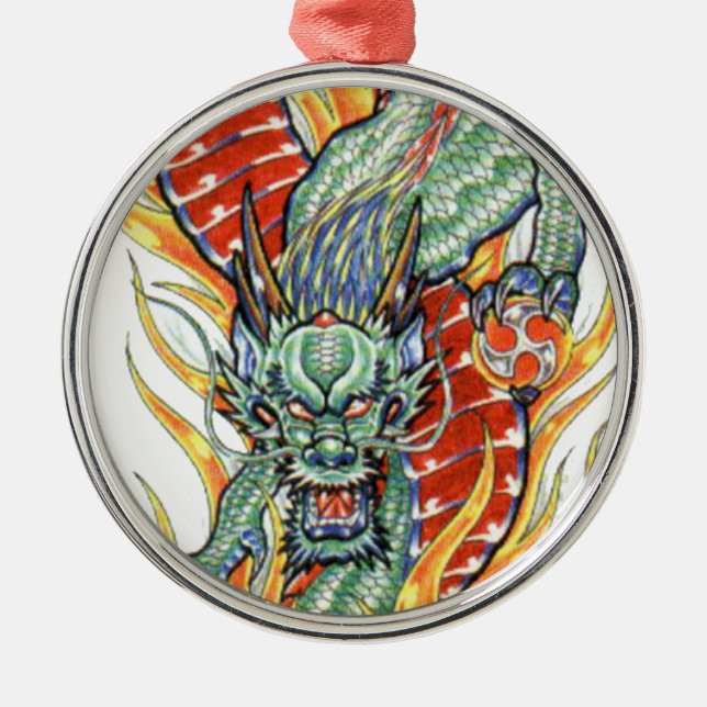 Japanska Dragon och Lotus Flower Julgransprydnad Metall (Framsidan)