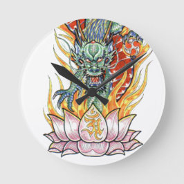 Japanska Dragon och Lotus Flower Rund Klocka