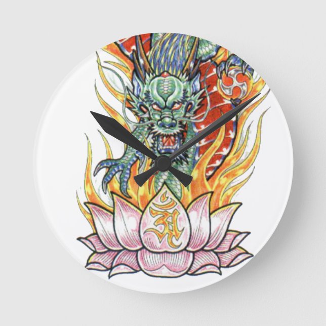 Japanska Dragon och Lotus Flower Rund Klocka (Framsida)
