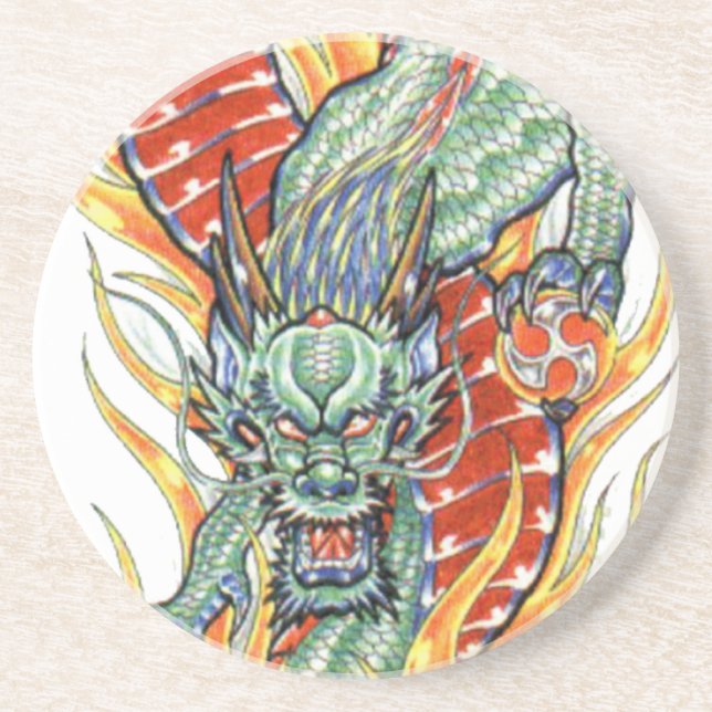 Japanska Dragon och Lotus Flower Underlägg Sandsten (Framsidan)