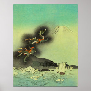 Japanska Dragon och Mount Fuji Poster