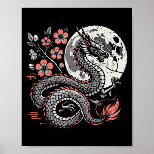 Japanska Dragon Sakura Måne Cherry Blommar Manar W Poster