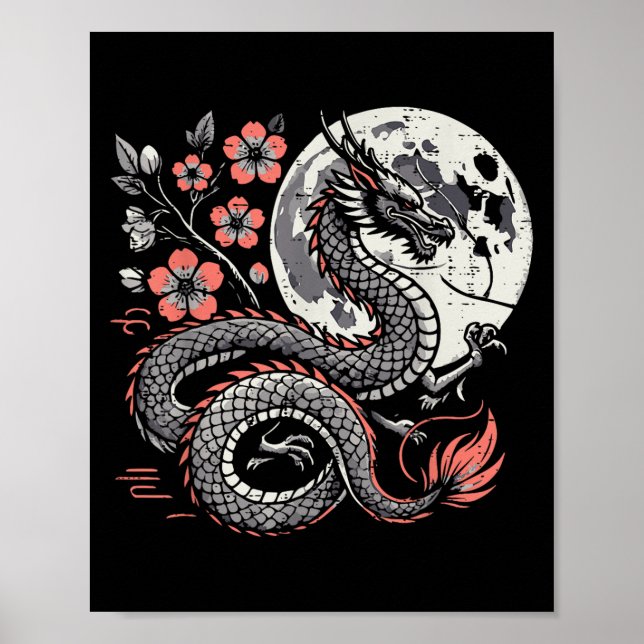 Japanska Dragon Sakura Måne Cherry Blommar Manar W Poster (Framsidan)