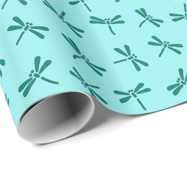 Japanska Dragonfly Mönster, Turquise och Aqua Presentpapper (Rullad Hörn)