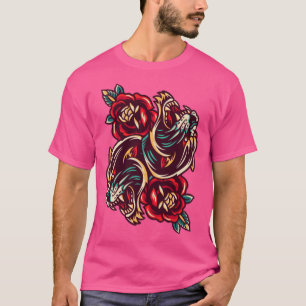 Japanska Duel Tigers Flowers TattoArt Stil T Shirt