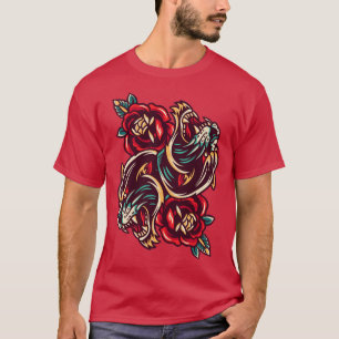 Japanska Duel Tigers Flowers TattoArt Stil T Shirt