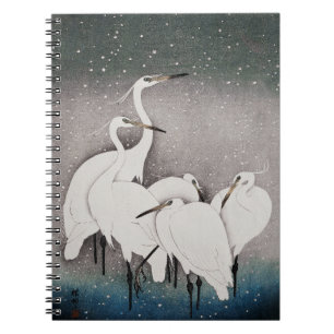 Japanska Egrets Cranes Bird Winter Snö Art Anteckningsbok