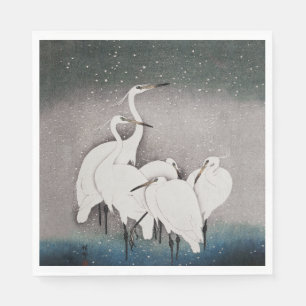 Japanska Egrets Cranes Bird Winter Snö Art Pappersservett