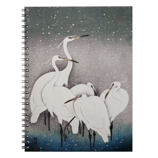 Japanska Egrets Koson Cranes Winter Snö Anteckningsbok (Framsidan)