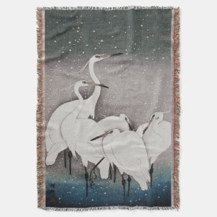 Japanska Egrets Koson Cranes Winter Snö Filt