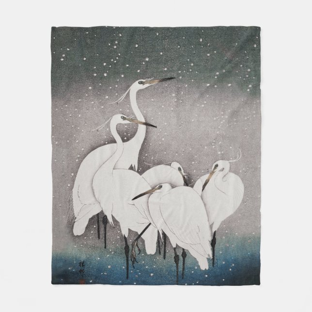 Japanska Egrets Koson Cranes Winter Snö Fleecefilt (Framsidan)