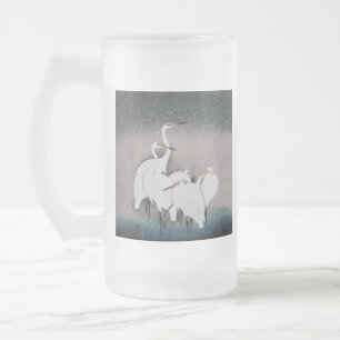 Japanska Egrets Koson Cranes Winter Snö Frostat Ölglas