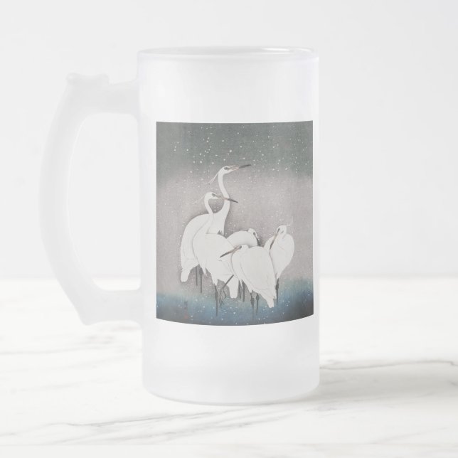 Japanska Egrets Koson Cranes Winter Snö Frostat Ölglas (Vänster)