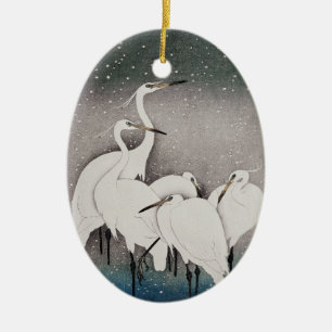 Japanska Egrets Koson Cranes Winter Snö Julgransprydnad Keramik