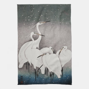 Japanska Egrets Koson Cranes Winter Snö Kökshandduk