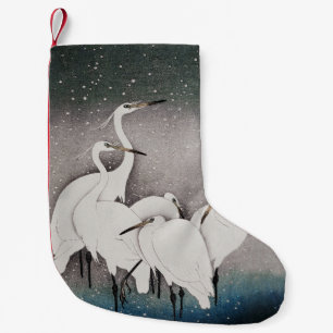 Japanska Egrets Koson Cranes Winter Snö Liten Julstrumpa