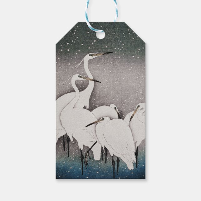 Japanska Egrets Koson Cranes Winter Snö Presentetikett (Framsidan)