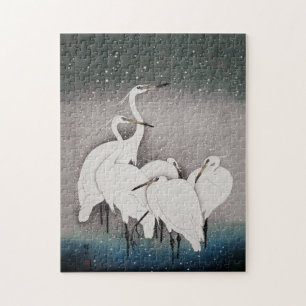 Japanska Egrets Koson Cranes Winter Snö Pussel
