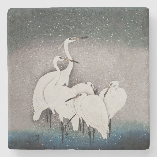 Japanska Egrets Koson Cranes Winter Snö Stenunderlägg (Framsidan)