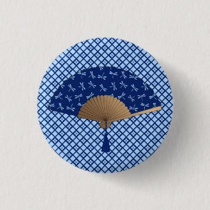 Japanska Fläkt, Dragonfly Mönster, Cobalt Blue Knapp