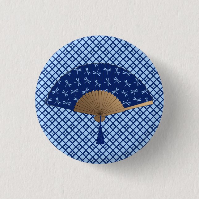 Japanska Fläkt, Dragonfly Mönster, Cobalt Blue Knapp (Framsida)