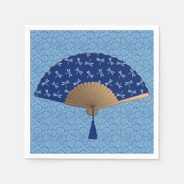 Japanska Fläkt, Dragonfly Mönster, Cobalt Blue Pappersservett (Framsidan)