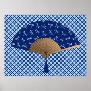 Japanska Fläkt, Dragonfly Mönster, Cobalt Blue Poster