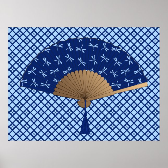 Japanska Fläkt, Dragonfly Mönster, Cobalt Blue Poster (Framsidan)