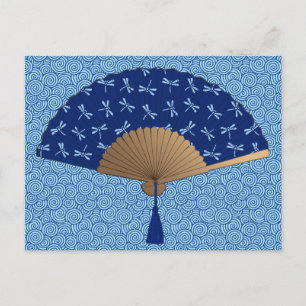 Japanska Fläkt, Dragonfly Mönster, Cobalt Blue Vykort