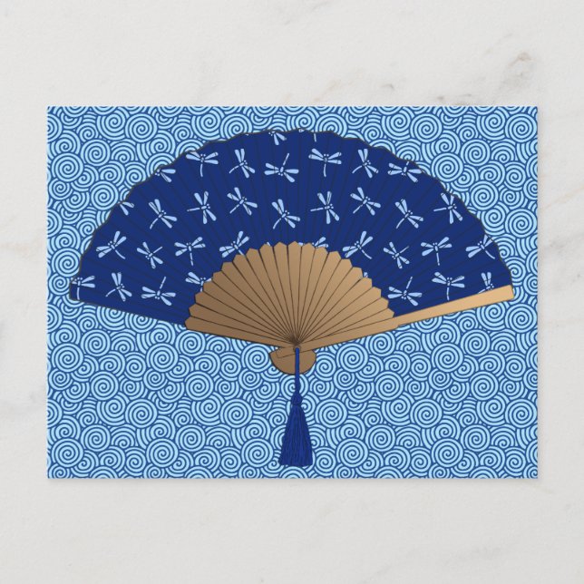 Japanska Fläkt, Dragonfly Mönster, Cobalt Blue Vykort (Framsida)