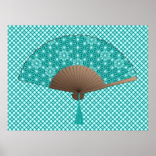 Japanska Fläkt i Asanoha mönster, turkos Poster