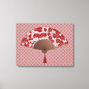 Japanska Fläkt i Löv Print, Mörk Red and White Canvastryck