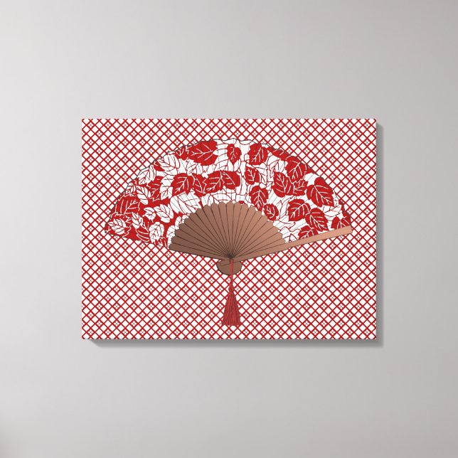 Japanska Fläkt i Löv Print, Mörk Red and White Canvastryck (Framsida)