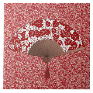 Japanska Fläkt i Löv Print, Mörk Red and White Kakelplatta