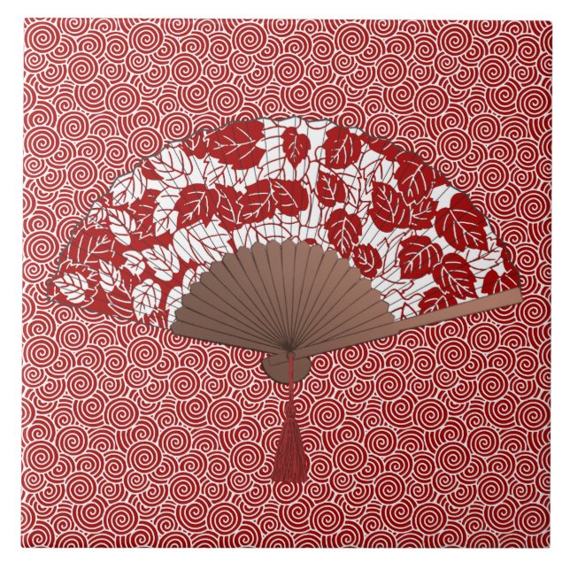 Japanska Fläkt i Löv Print, Mörk Red and White Kakelplatta (Framsidan)
