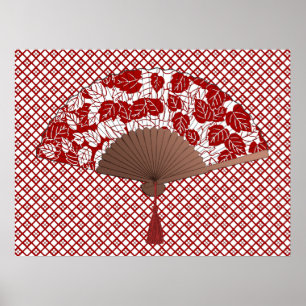 Japanska Fläkt i Löv Print, Mörk Red and White Poster