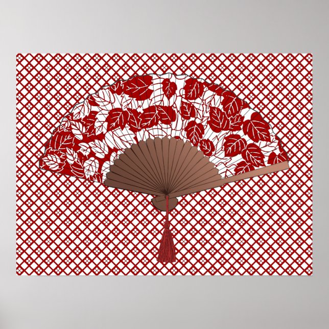 Japanska Fläkt i Löv Print, Mörk Red and White Poster (Framsidan)