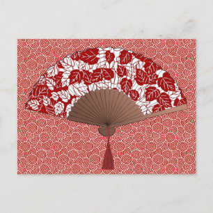 Japanska Fläkt i Löv Print, Mörk Red and White Vykort