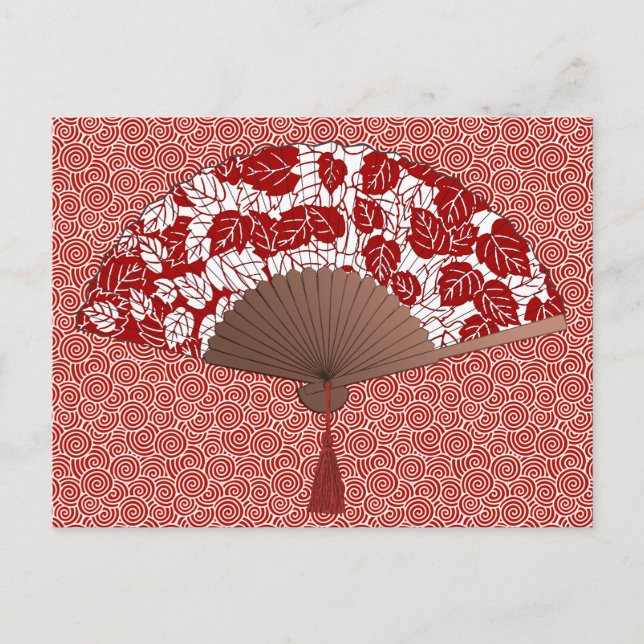 Japanska Fläkt i Löv Print, Mörk Red and White Vykort (Framsida)