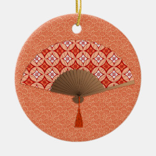 Japanska Fläkt, Shippo Motif, Mandarin Orange Julgransprydnad Keramik