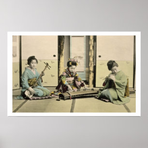 Japanska flickor som leker flöjten, "kotoen" och poster