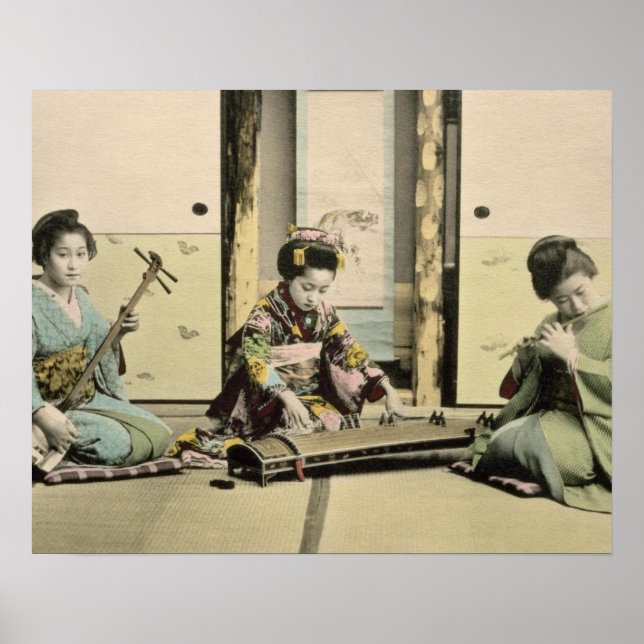 Japanska flickor som spelar flöjt, koto och samis poster (Framsidan)
