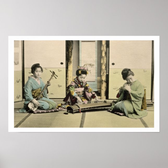 Japanska flickor som spelar flöjt, koto och samis poster (Framsidan)